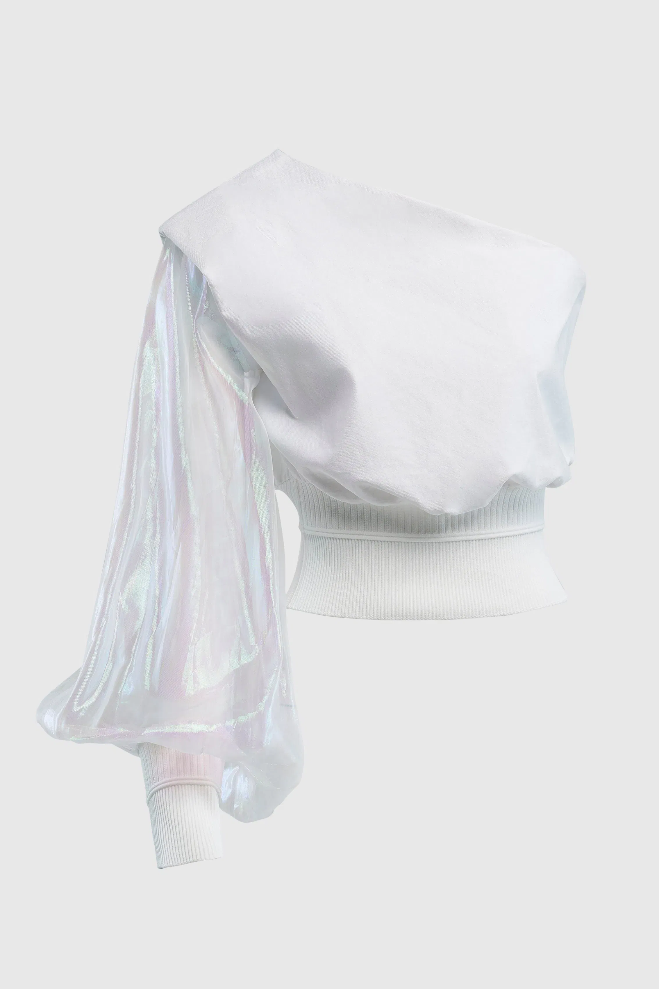ONE SHOULDER TOP WITH IRIDESCENT SLEEVE