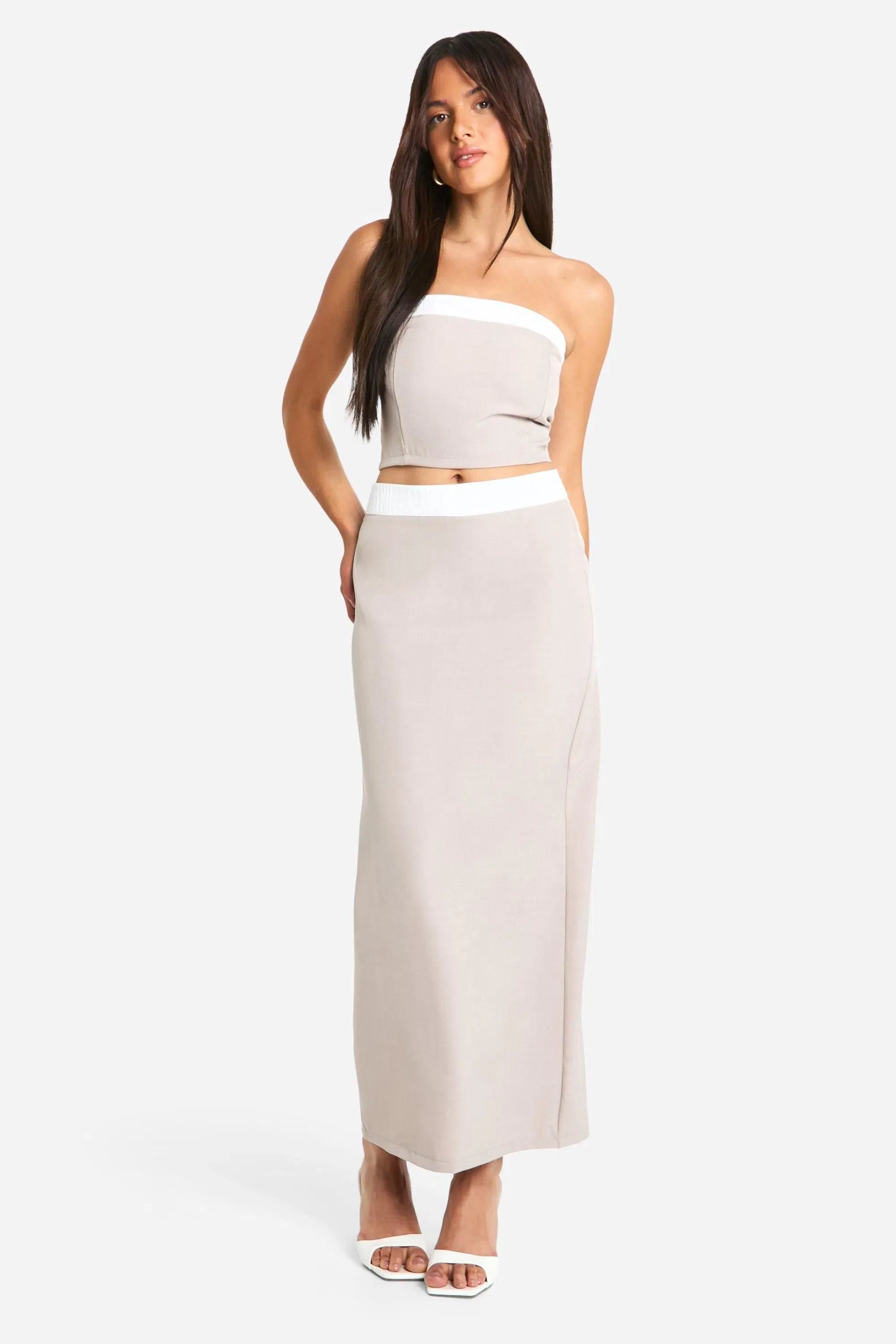 Textured Linen Look Contrast Column Maxi Skirt