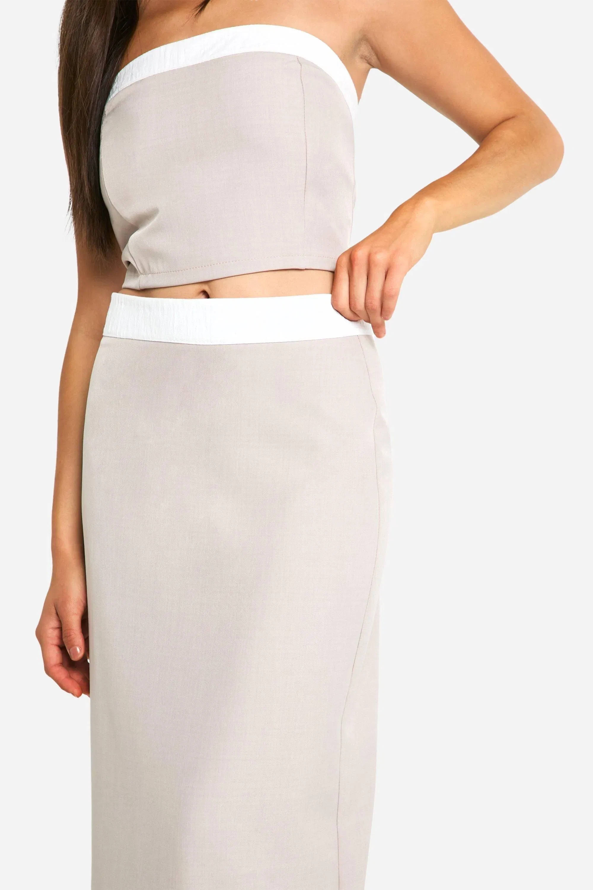 Textured Linen Look Contrast Column Maxi Skirt