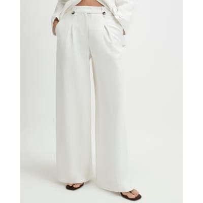 White Linen Look Wide Leg Trousers