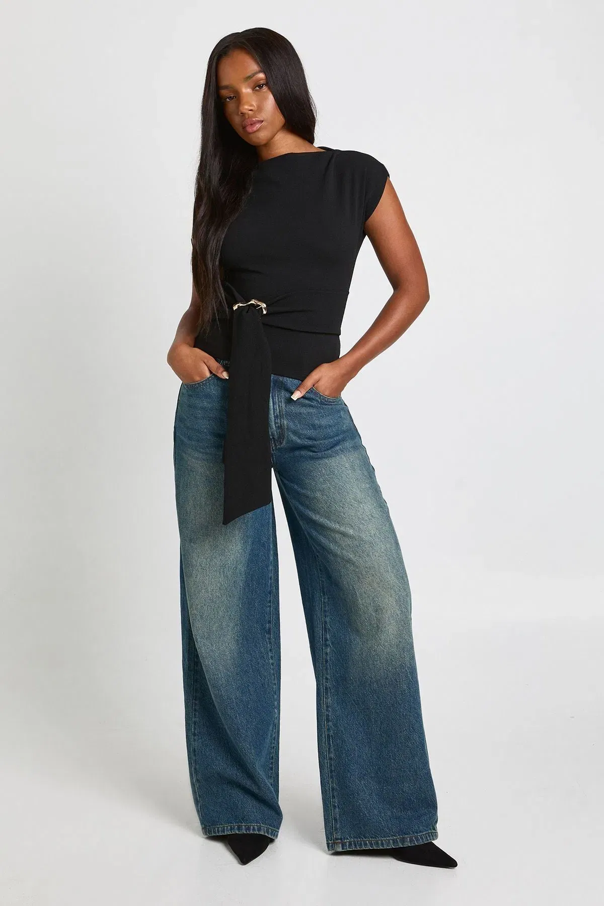 Crepe Grown On Neck Gold Trim Belt Detail Top