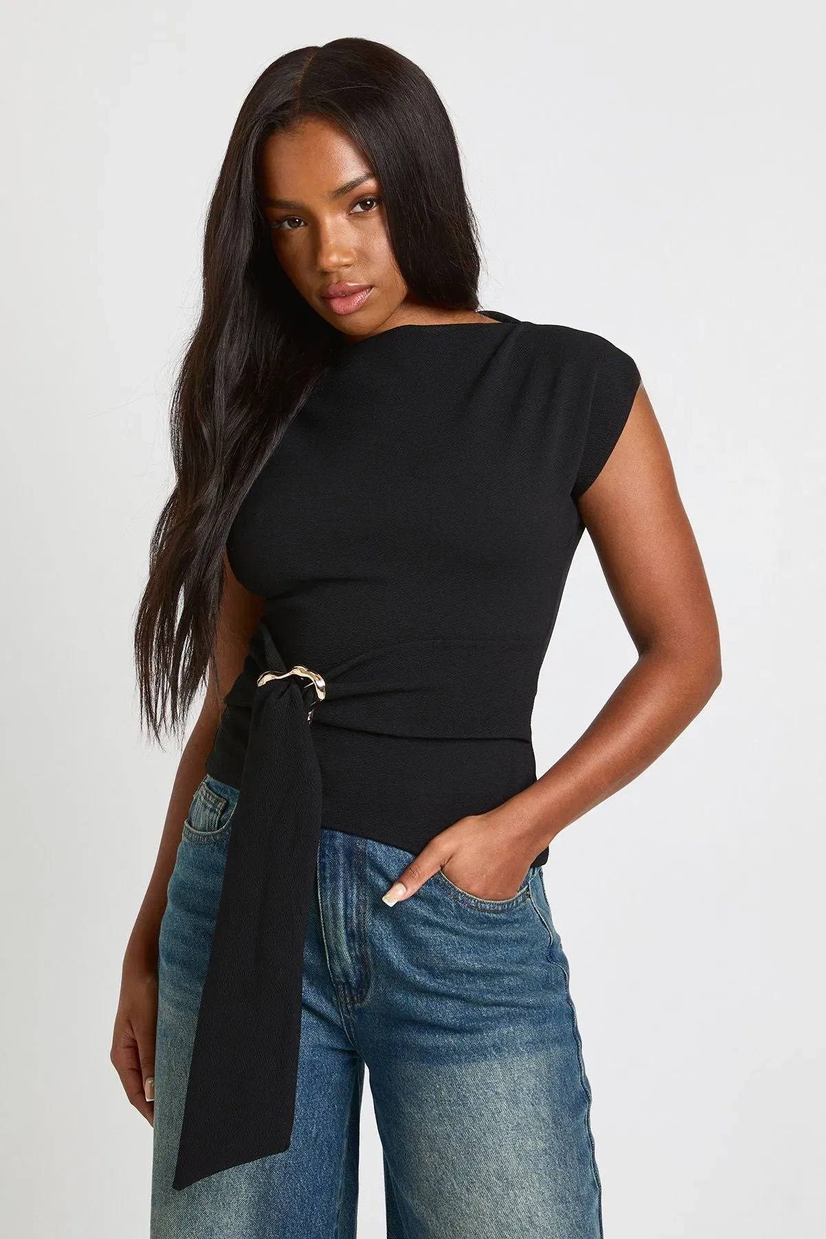 Crepe Grown On Neck Gold Trim Belt Detail Top