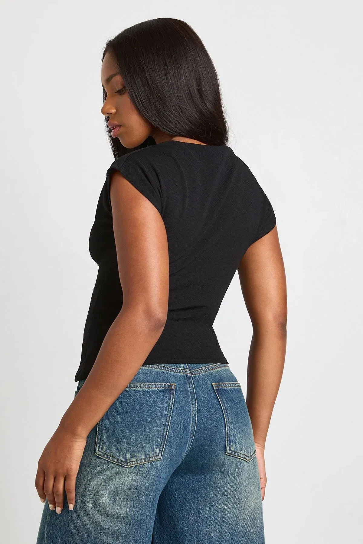 Crepe Grown On Neck Gold Trim Belt Detail Top