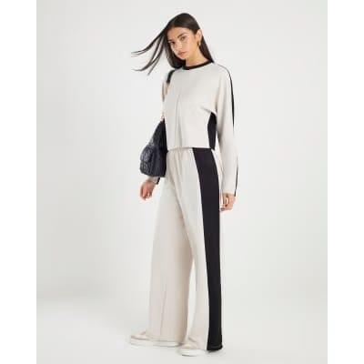 Cream Colour Block Wide Leg Trousers