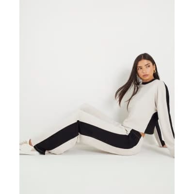 Cream Colour Block Wide Leg Trousers