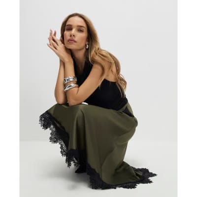Khaki Lace Hybrid Drape Maxi Dress
