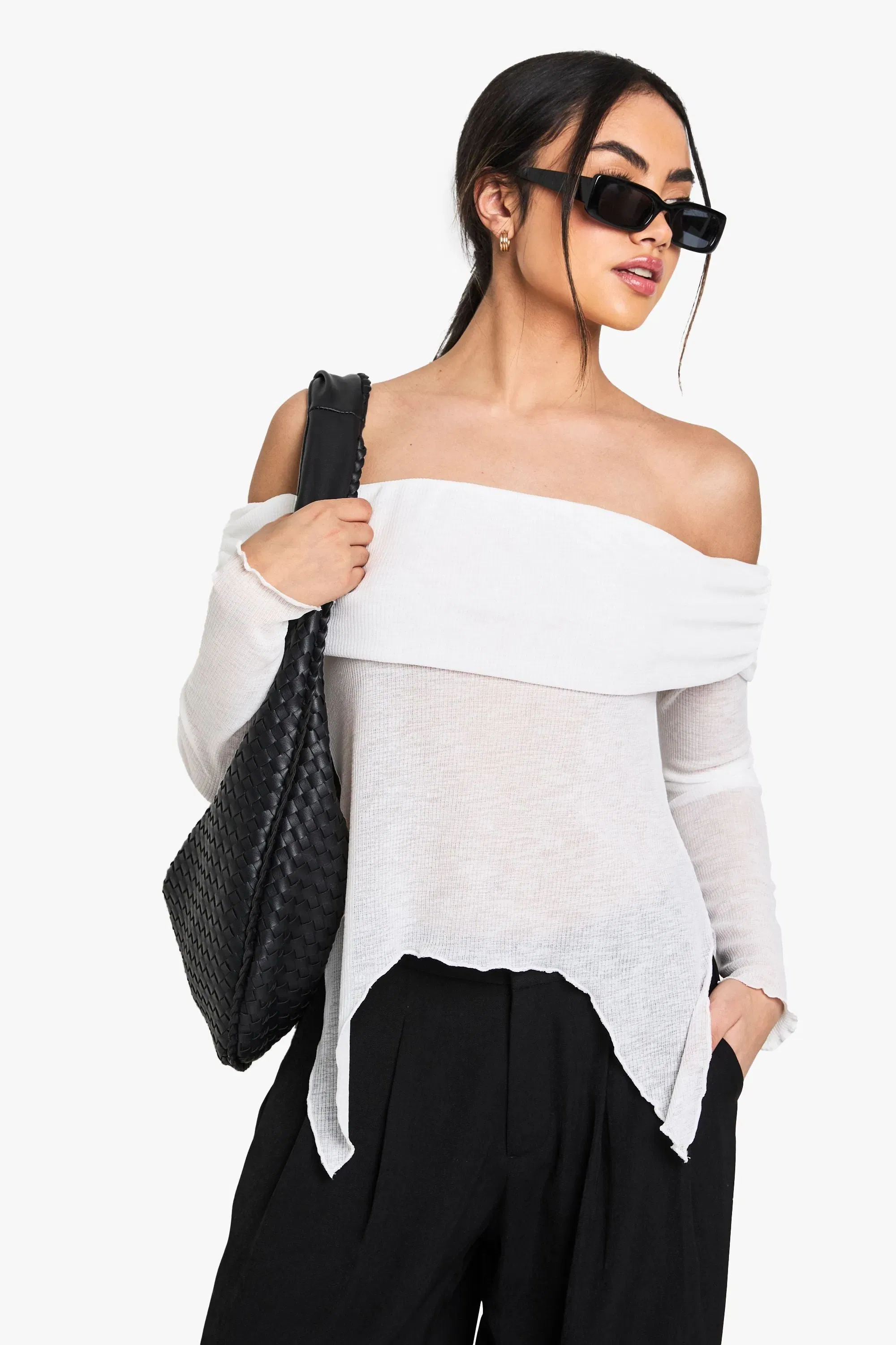 Sheer Mesh Bardot Top with Drape Detail