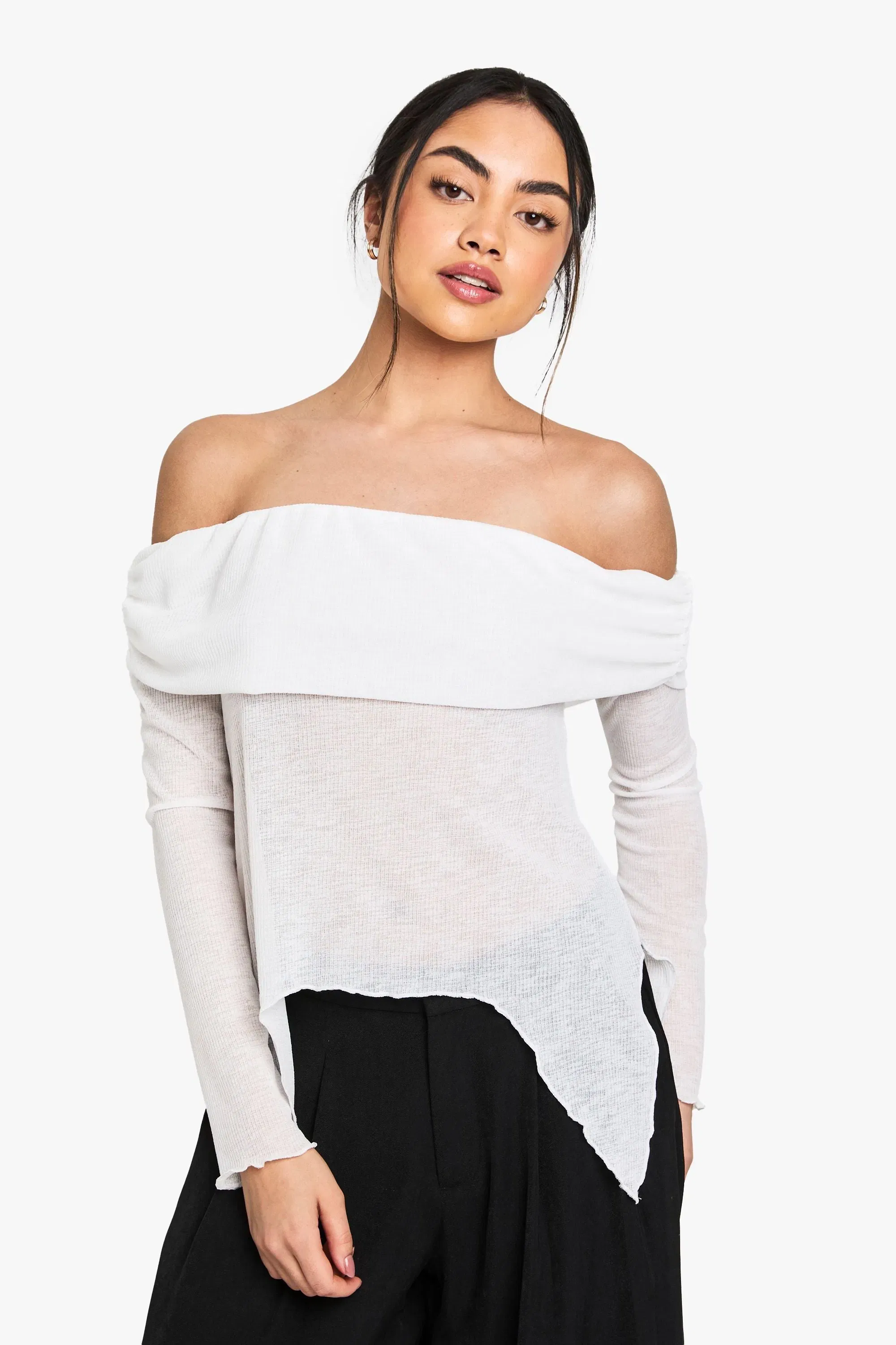 Sheer Mesh Bardot Top with Drape Detail