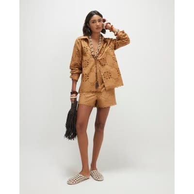 Brown Poplin Broderie Shirt