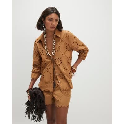 Brown Poplin Broderie Shirt