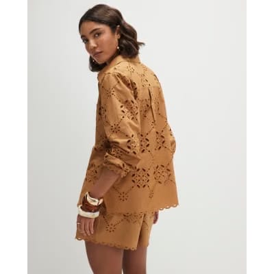 Brown Poplin Broderie Shirt