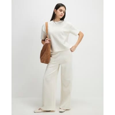 Cream Short Sleeve Jacquard Texture T-Shirt