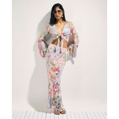 Pink Graphic Print Tie Front Beach Top