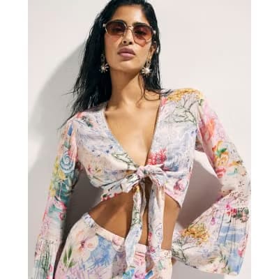 Pink Graphic Print Tie Front Beach Top