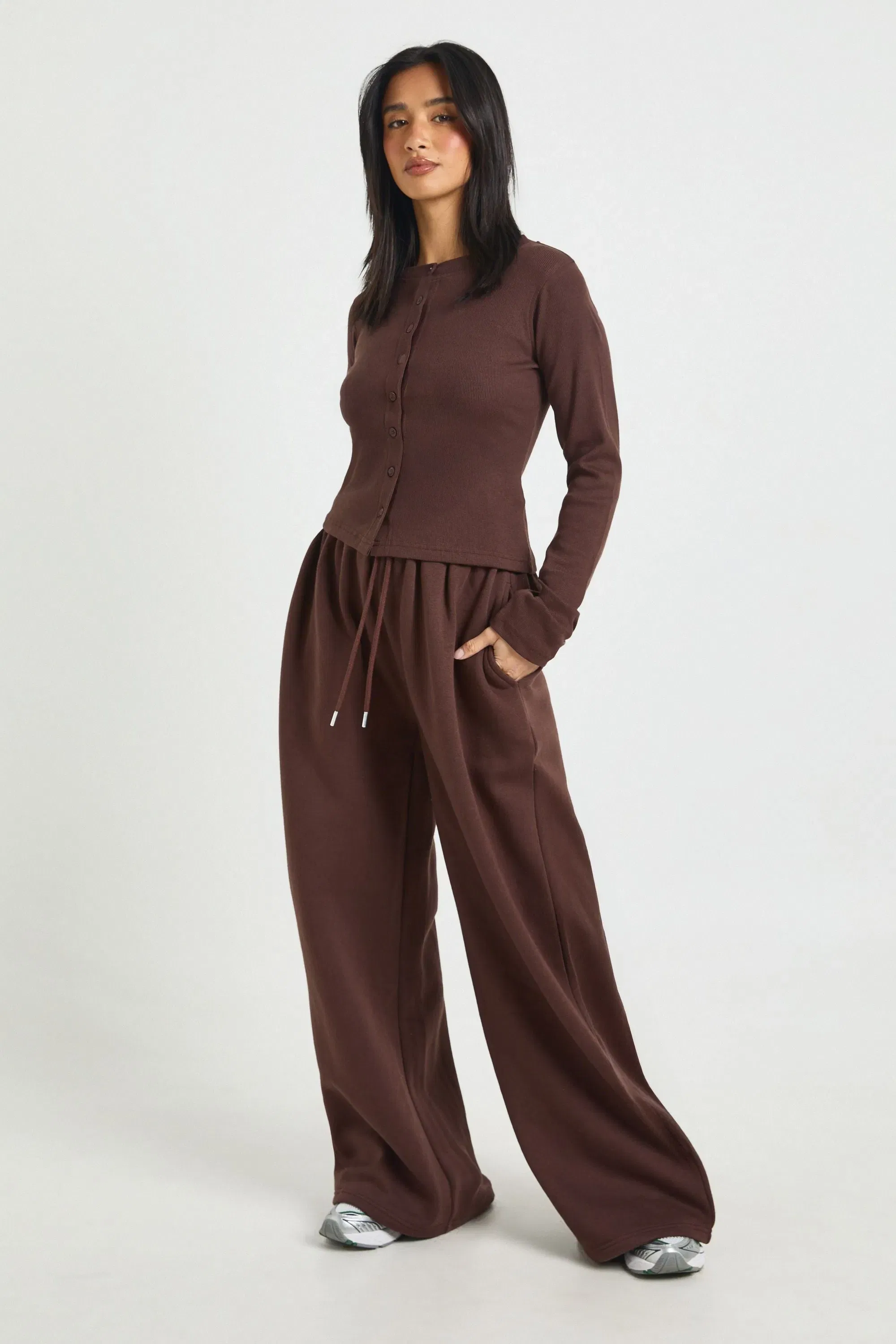 Petite Rib Button Through Long Sleeve Top Tracksuit