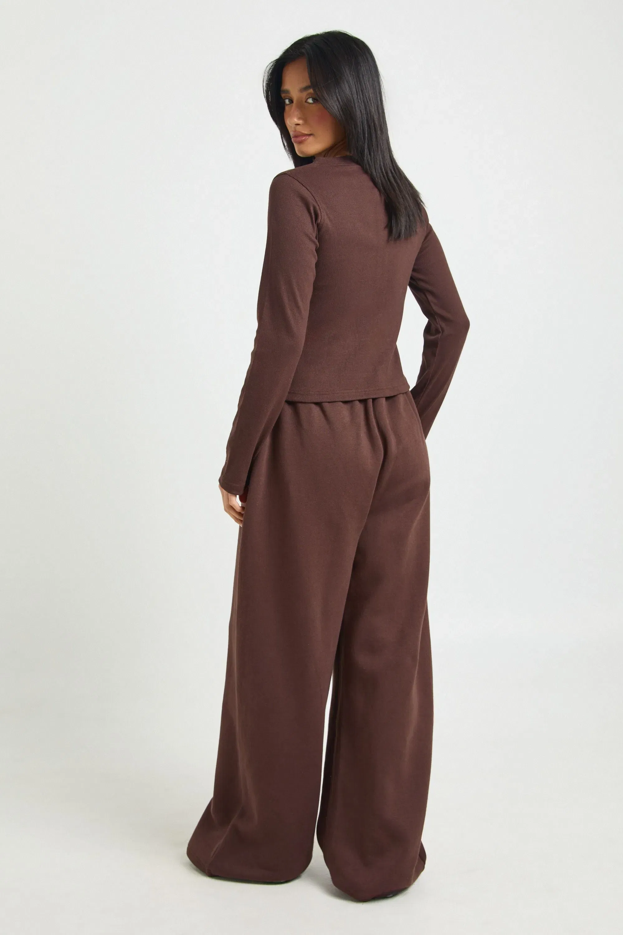 Petite Rib Button Through Long Sleeve Top Tracksuit