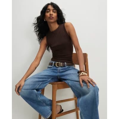 Brown Sleeveless Wide Ribbed Tank Top