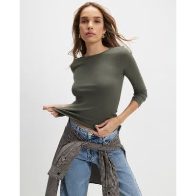 Khaki Cotton Long Sleeve Fitted Top