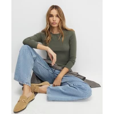 Khaki Cotton Long Sleeve Fitted Top