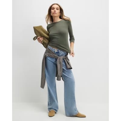 Khaki Cotton Long Sleeve Fitted Top