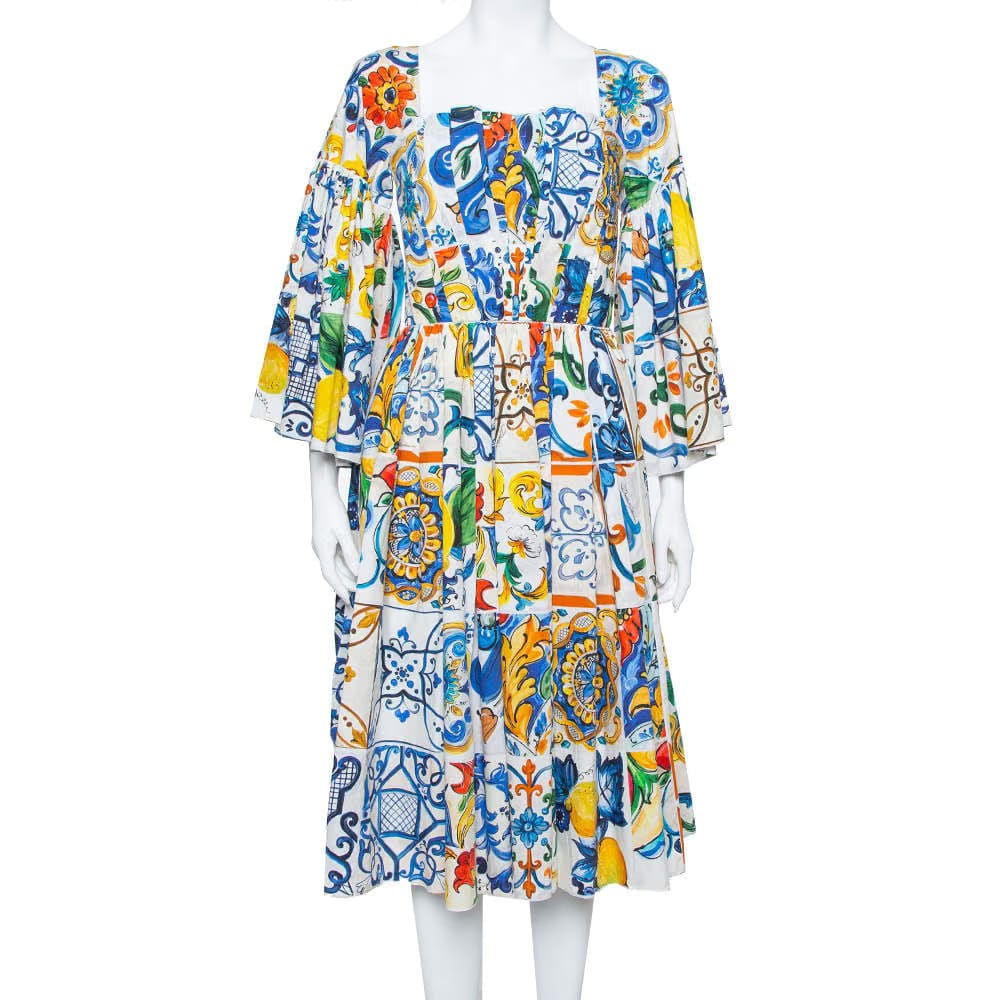 Dolce & Gabbana Multicolor Majolica Printed Cotton Flared Midi Dress