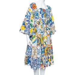 Dolce & Gabbana Multicolor Majolica Printed Cotton Flared Midi Dress