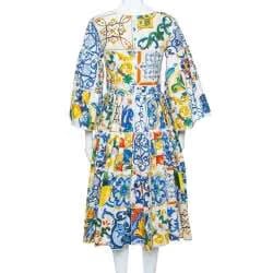 Dolce & Gabbana Multicolor Majolica Printed Cotton Flared Midi Dress
