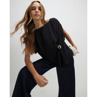 Black Satin Plisse Gold Detail Top