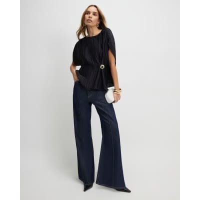 Black Satin Plisse Gold Detail Top