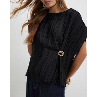 Black Satin Plisse Gold Detail Top