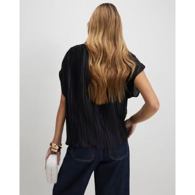 Black Satin Plisse Gold Detail Top