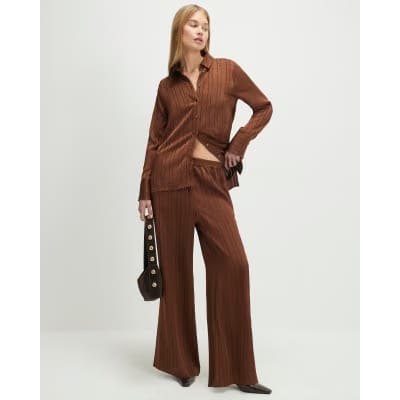 Brown Striped Drawstring Wide Leg Trousers