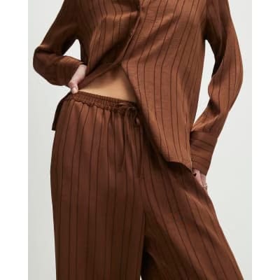 Brown Striped Drawstring Wide Leg Trousers