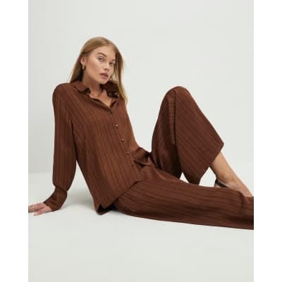 Brown Striped Drawstring Wide Leg Trousers