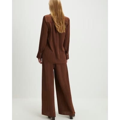 Brown Striped Drawstring Wide Leg Trousers