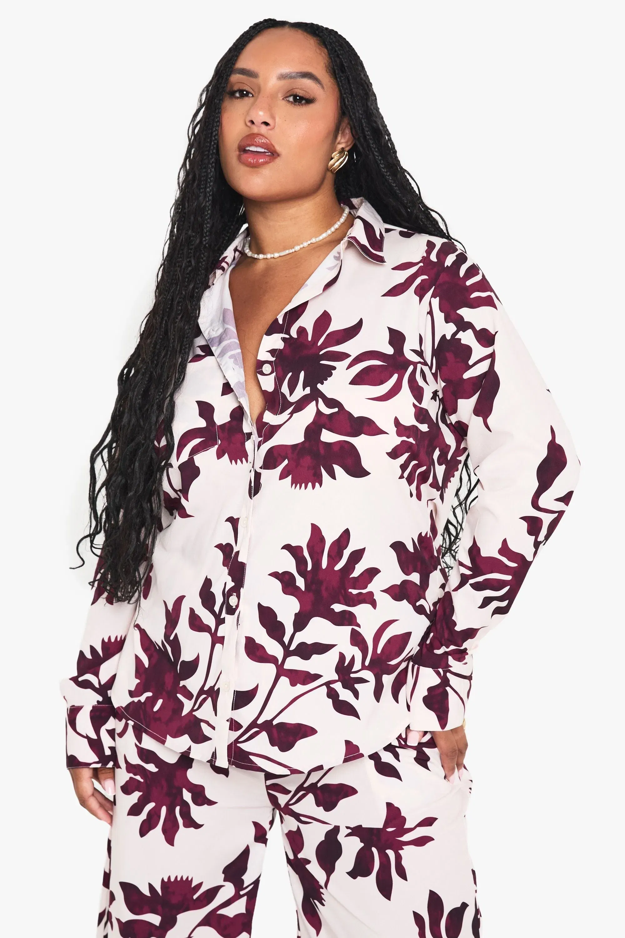 Plus Basic Woven Large Floral Long Sleeve Shirt