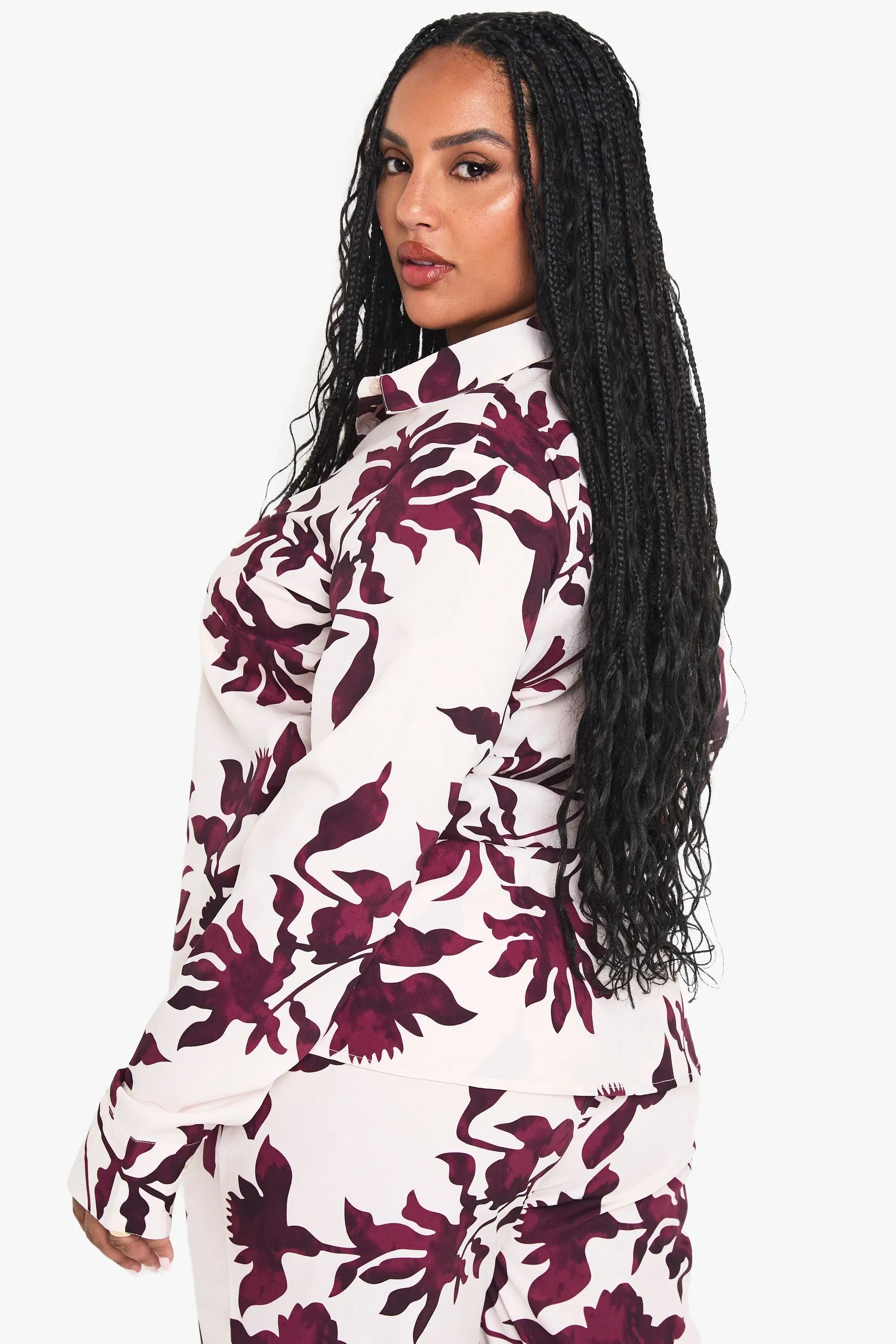 Plus Basic Woven Large Floral Long Sleeve Shirt