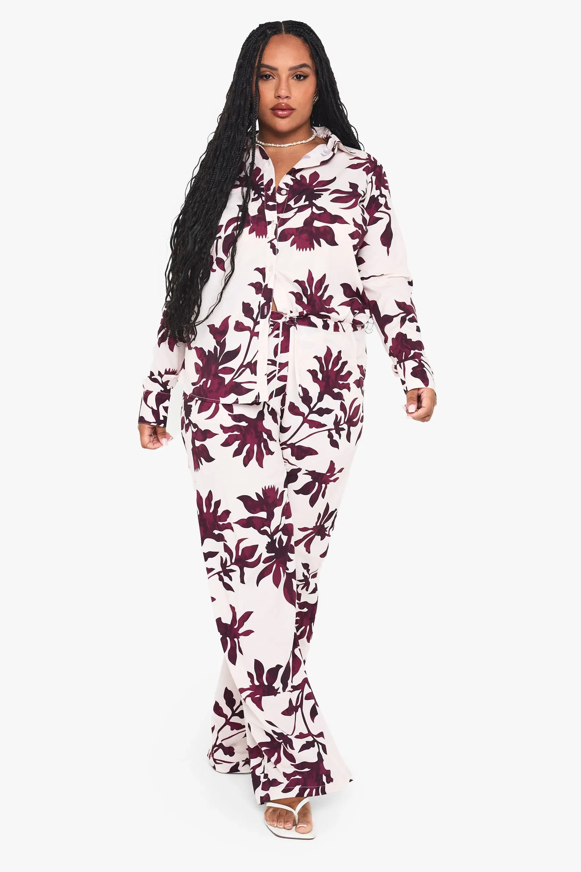 Plus Basic Woven Large Floral Long Sleeve Shirt