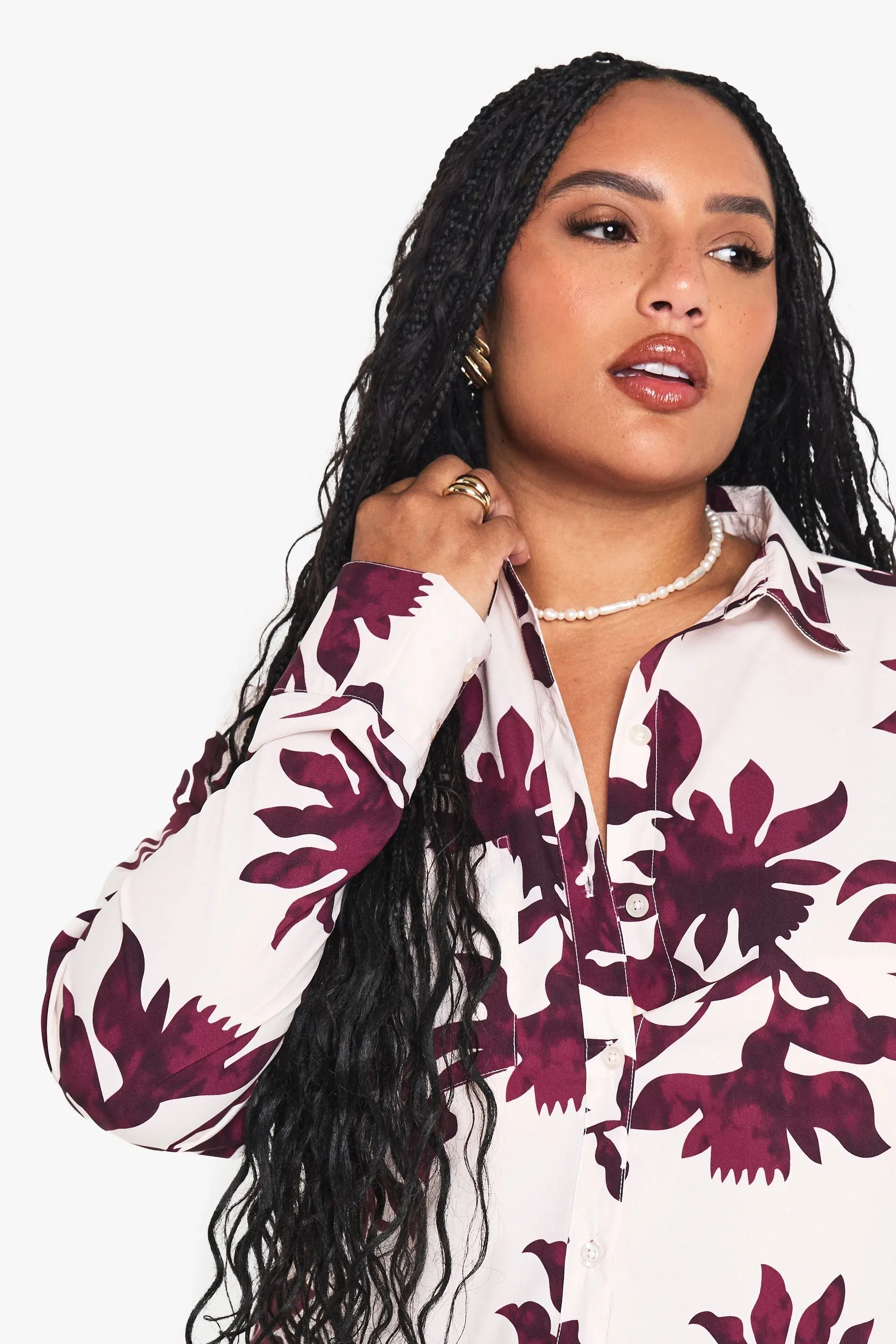 Plus Basic Woven Large Floral Long Sleeve Shirt