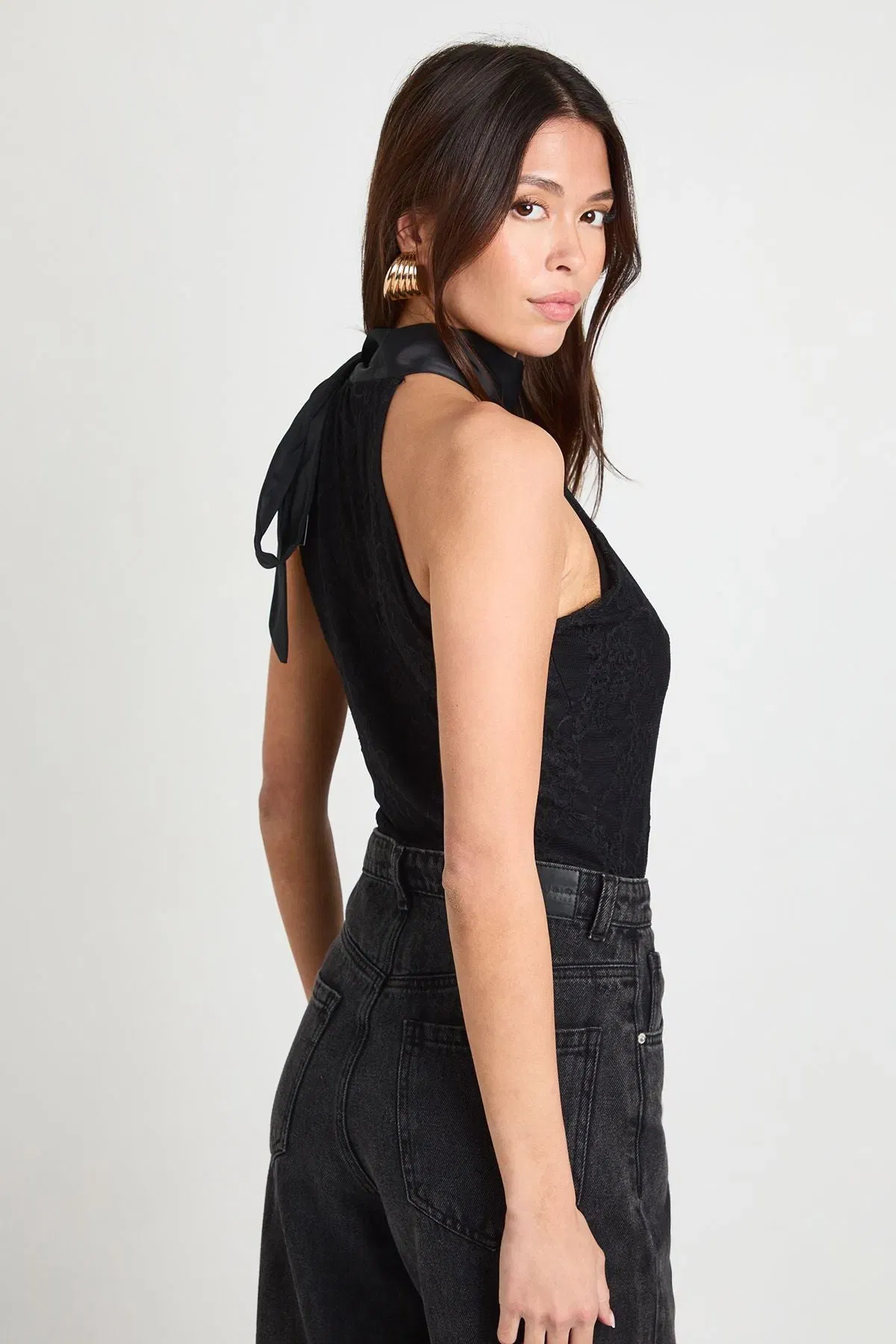 Lace Satin Bow Detail High Neck Bodysuit