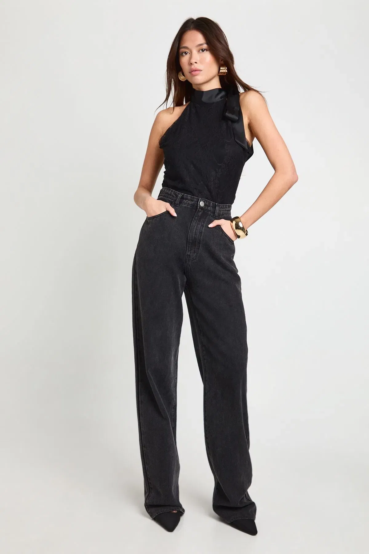 Lace Satin Bow Detail High Neck Bodysuit