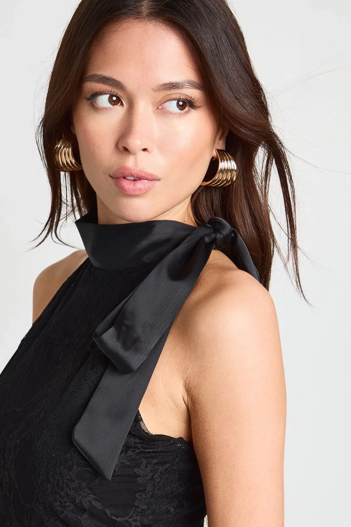 Lace Satin Bow Detail High Neck Bodysuit