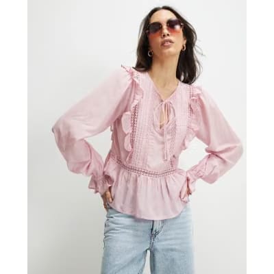 Pink Long Sleeve Lace Insert Blouse