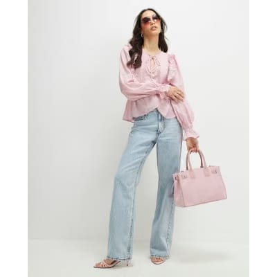 Pink Long Sleeve Lace Insert Blouse