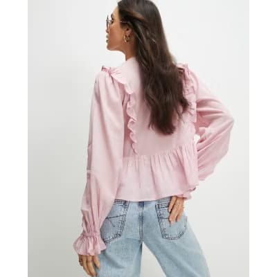 Pink Long Sleeve Lace Insert Blouse