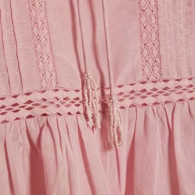 Pink Long Sleeve Lace Insert Blouse