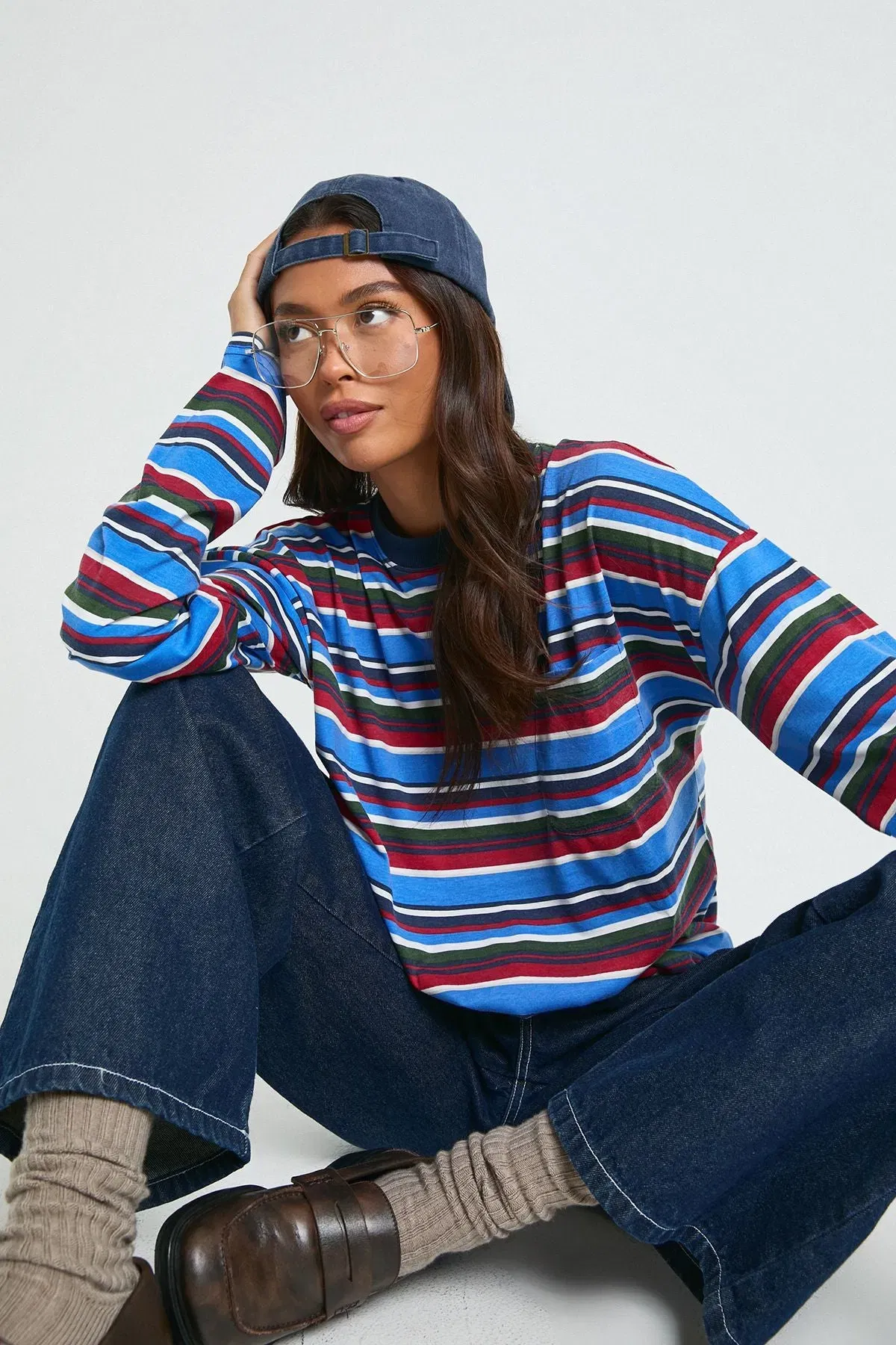 Striped Cotton Long Sleeve Pocket Detail Top