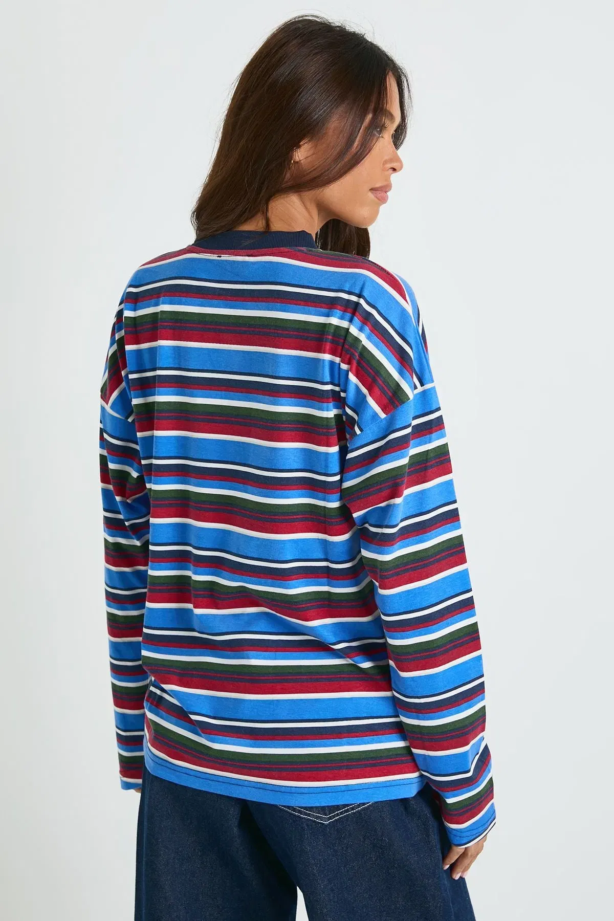 Striped Cotton Long Sleeve Pocket Detail Top