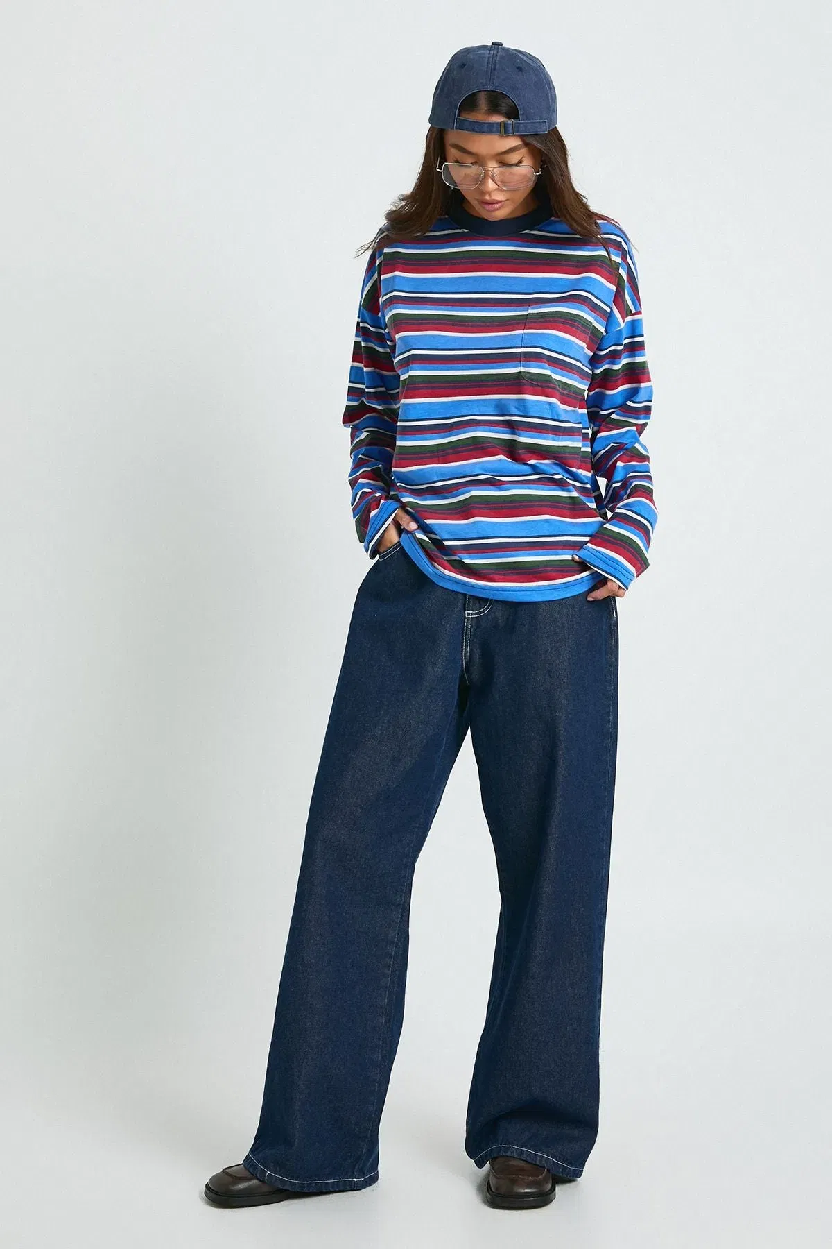 Striped Cotton Long Sleeve Pocket Detail Top