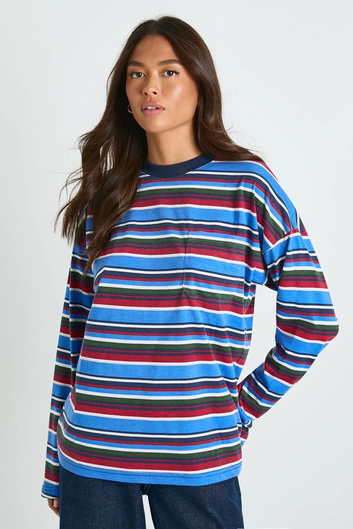 Striped Cotton Long Sleeve Pocket Detail Top